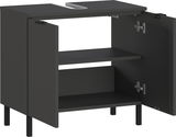 Offener Waschbeckenunterschrank in dunkler Farbe mit zwei Türen und einem Regalbrett, seitliche Perspektive