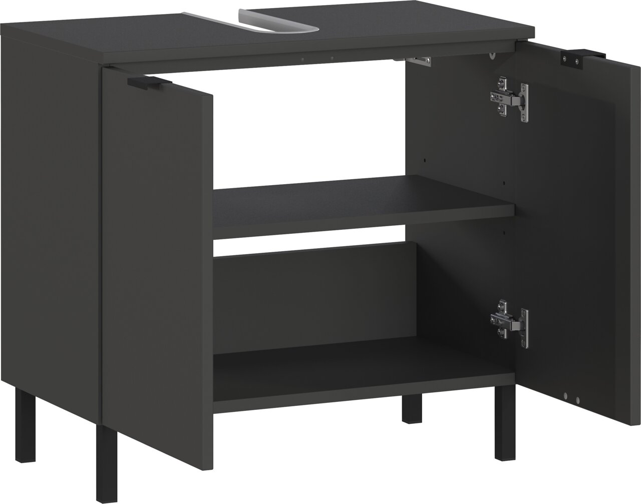 Offener Waschbeckenunterschrank in dunkler Farbe mit zwei Türen und einem Regalbrett, seitliche Perspektive