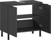 Offener Waschbeckenunterschrank in dunkler Farbe mit zwei Türen und einem Regalbrett, seitliche Perspektive