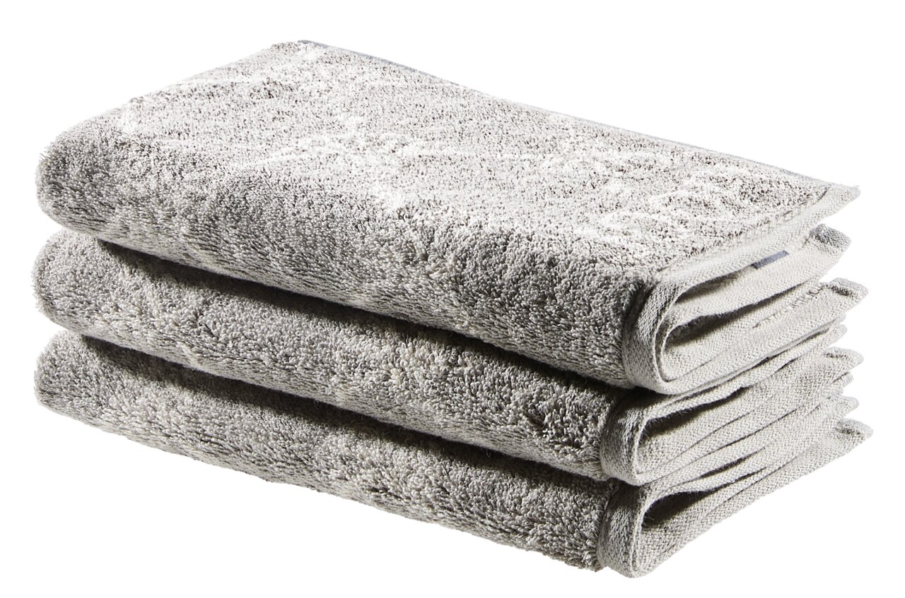 JOOP! Gästetuchset 3-teilig CORNFLOWER Dreiteiliges Gästetuchset in Grau, gestapelt in seitlicher Perspektive