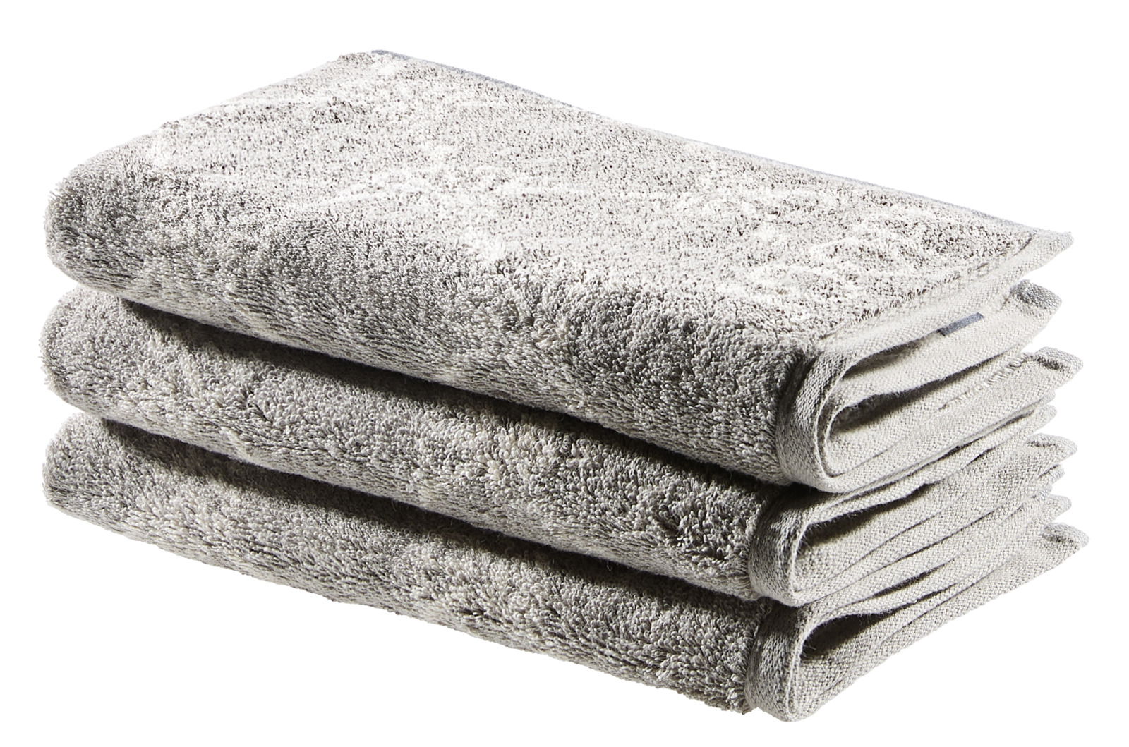 Dreiteiliges Gästetuchset in Grau, gestapelt in seitlicher Perspektive