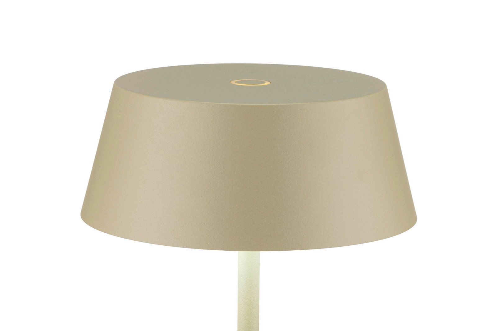 Akku-Tischleuchte in Beige, seitliche Perspektive
