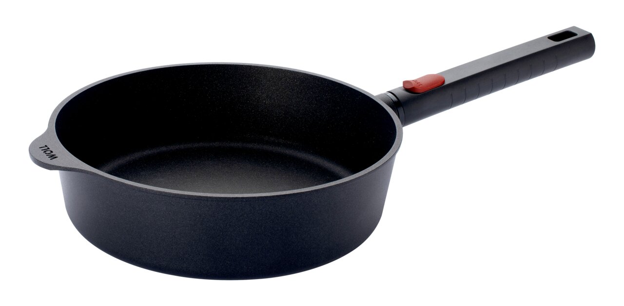 Guss-Hochrandpfanne 24cm Eco L mit langem Griff, seitliche Perspektive