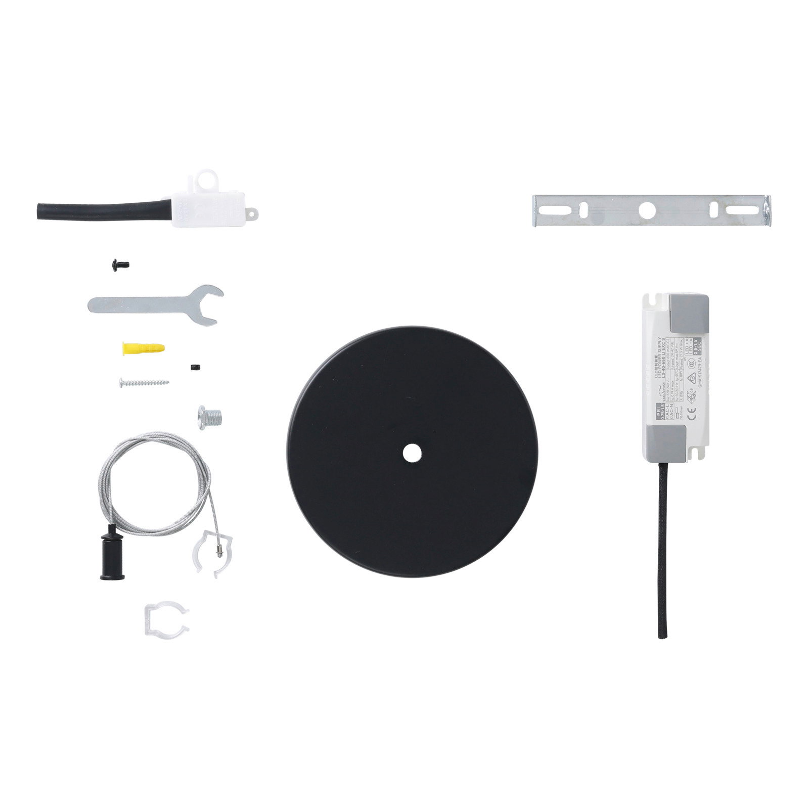 Verschiedene Komponenten eines LED-Lichtschlauch-Sets, darunter ein schwarzer runder Sockel, ein Kabel, ein Schraubenschlüssel und ein Transformator, aus der Vogelperspektive.