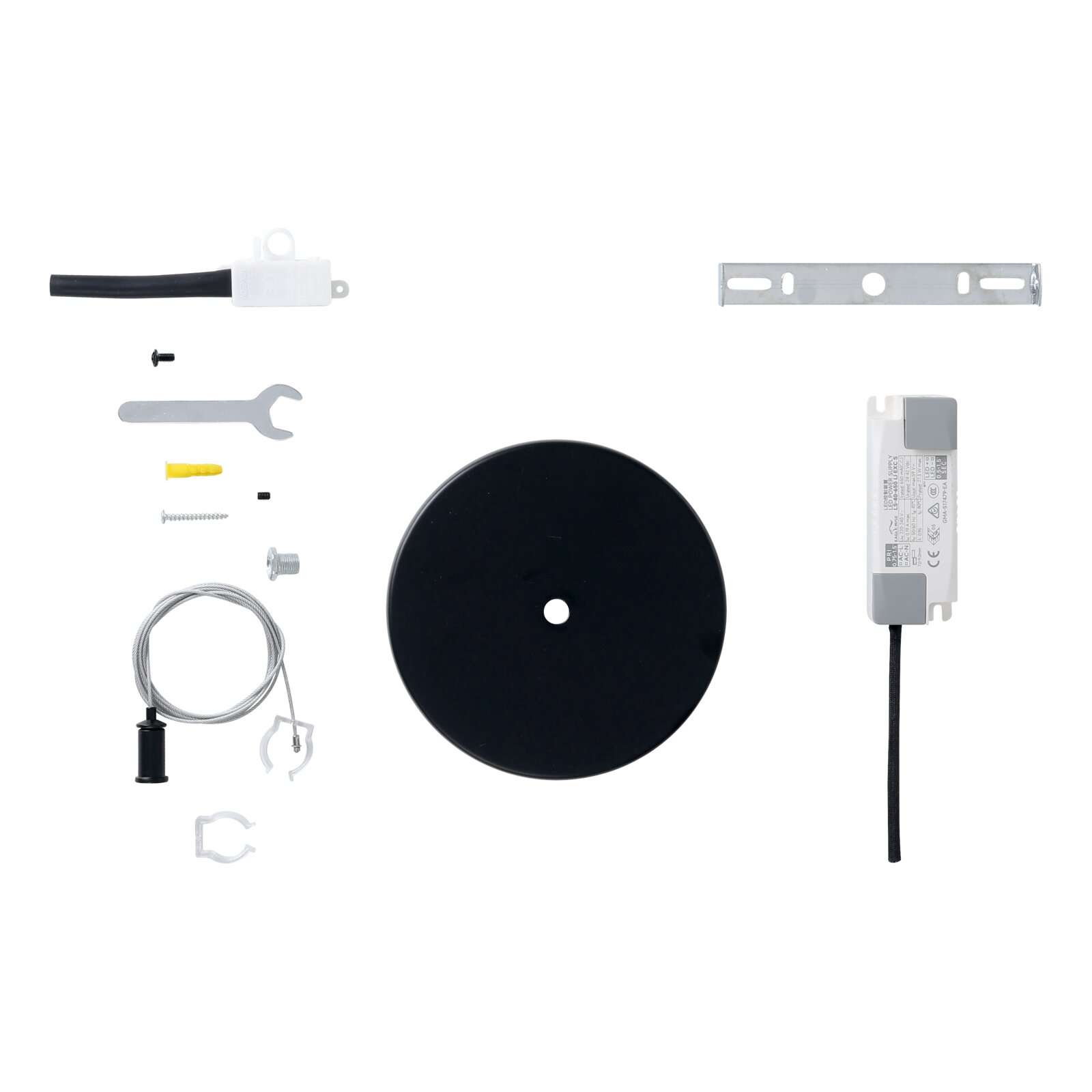 Verschillende onderdelen van een set met led-lichtslangen, waaronder een zwarte ronde voet, een kabel, een sleutel en een transformator, gezien vanuit vogelperspectief.