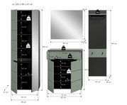 Maßgrafik eines Badezimmermöbel-Sets in Grau/Schwarz: hoher Hochschrank (ca. 220×65×37 cm) mit geöffneten Türen und Fächern, Waschtischunterschrank (ca. 94×80 cm) mit geöffneten Türen und Innenfächern, quadratischer Spiegel (80×73×2 cm) sowie Wandpaneel/G