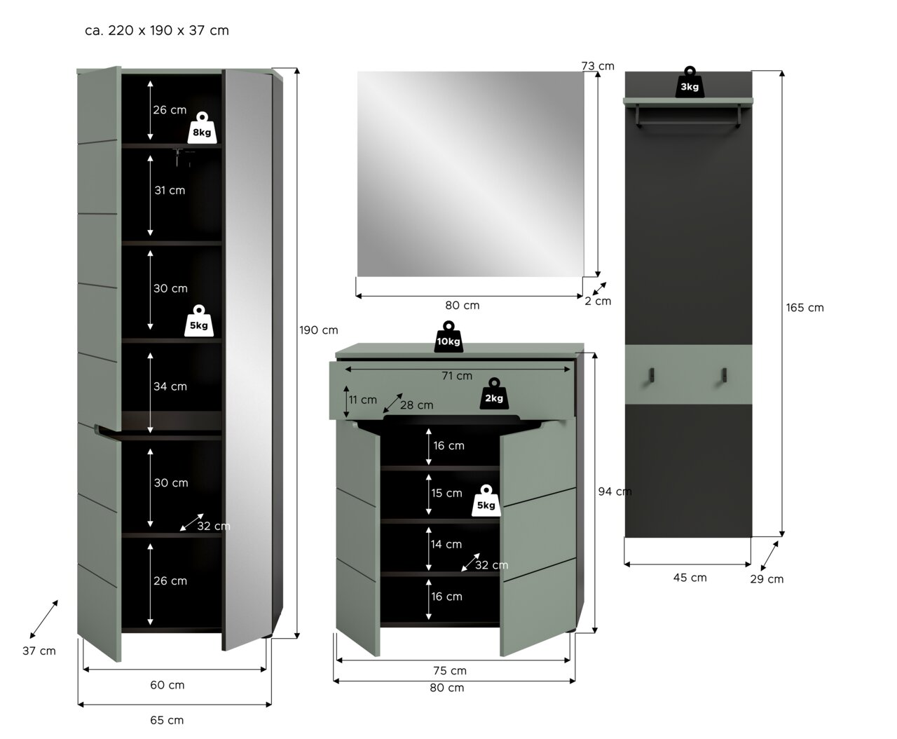 Maßgrafik eines Badezimmermöbel-Sets in Grau/Schwarz: hoher Hochschrank (ca. 220×65×37 cm) mit geöffneten Türen und Fächern, Waschtischunterschrank (ca. 94×80 cm) mit geöffneten Türen und Innenfächern, quadratischer Spiegel (80×73×2 cm) sowie Wandpaneel/G