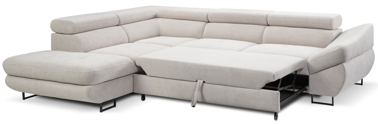 Beige Ecksofa mit ausziehbarem Bett, Perspektive von vorne links