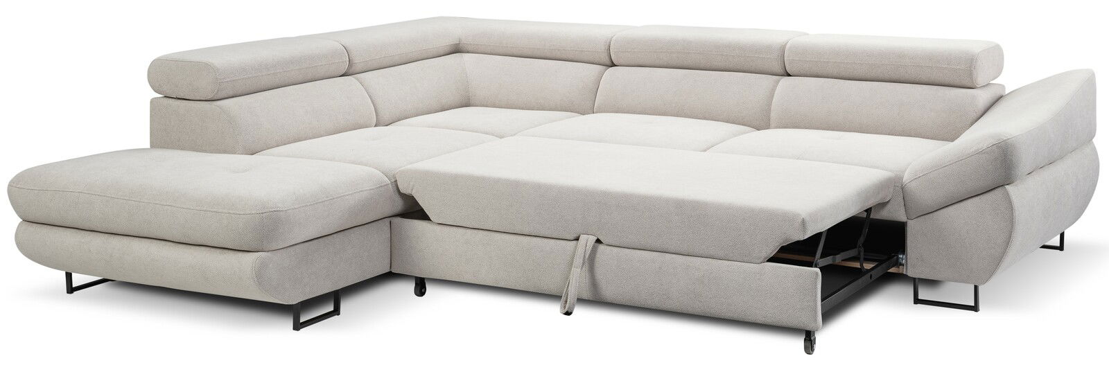 Beige Ecksofa mit ausziehbarem Bett, Perspektive von vorne links