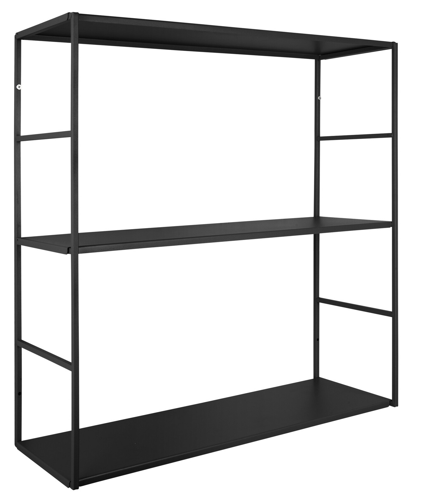 Schwarzes Wandregal aus Metall mit drei Ebenen, seitliche Perspektive