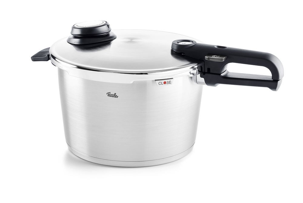 Fissler Schnellkochtopf 26cm VITAVIT PREMIUM Schnellkochtopf aus Edelstahl, 26 cm Durchmesser, 8,0 Liter Fassungsvermögen, seitliche Perspektive mit schwarzem Griff und Druckanzeige auf dem Deckel