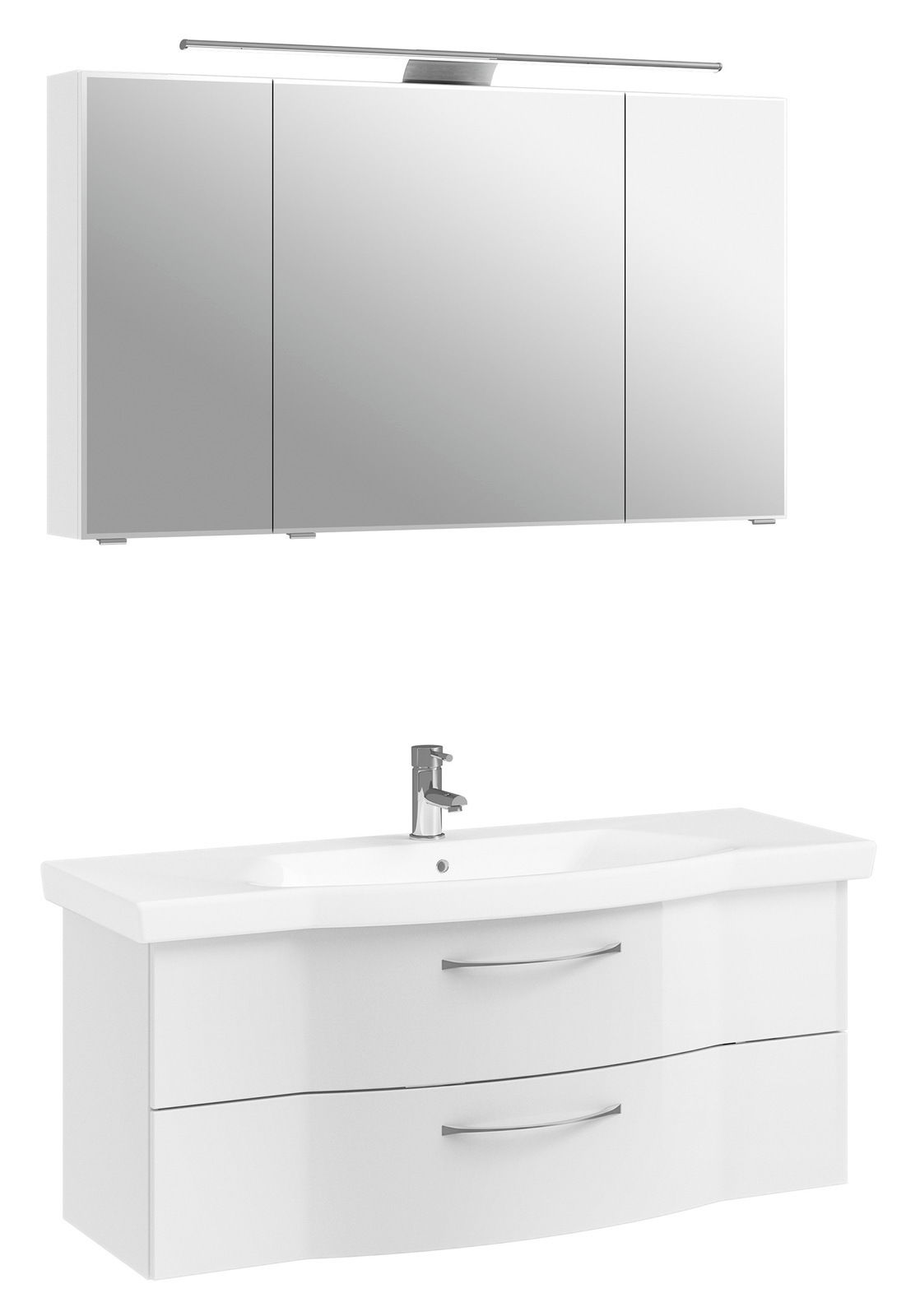 Moderner Badblock mit Spiegelschrank und Waschbeckenunterschrank, Frontalansicht