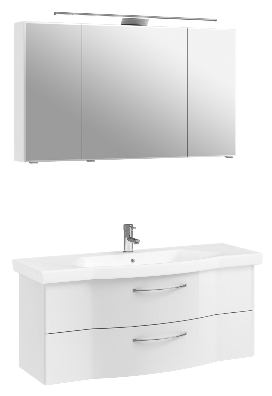 Moderner Badblock mit Spiegelschrank und Waschbeckenunterschrank, Frontalansicht