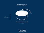 Buddha Bowl (Schüssel) mit 90 cl Fassungsvermögen, Ø 17,5 cm und Höhe 8,5 cm, schematische Produktansicht in leicht schräger Seitenansicht mit Draufsicht auf die Öffnung