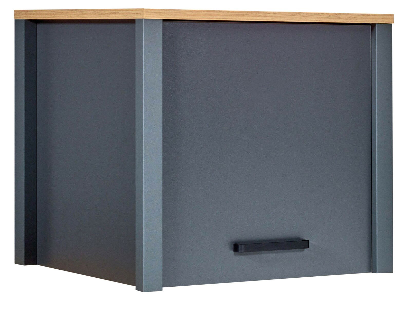 Grauer Schrankaufsatz mit Holzoberfläche, Frontansicht