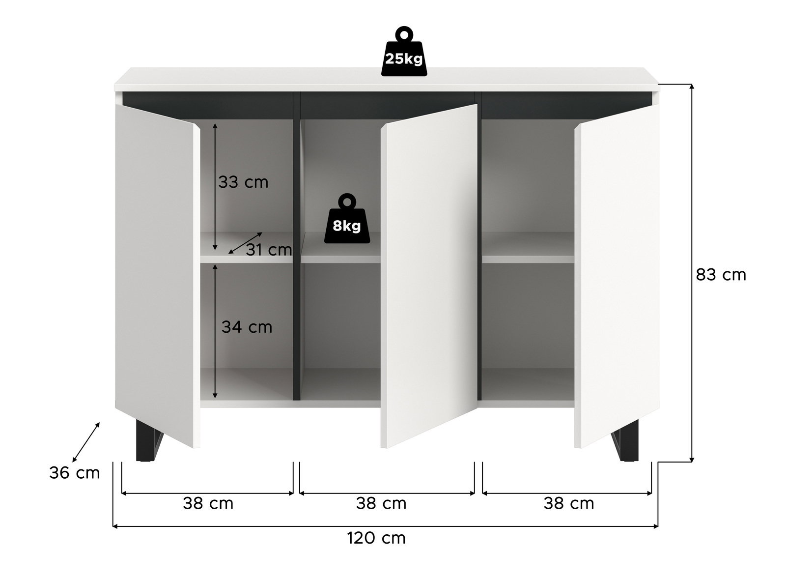 Weißes Sideboard mit drei Türen, teilweise geöffnet, zeigt Innenfächer. Maße: 120 cm Breite, 83 cm Höhe, 36 cm Tiefe. Frontale Perspektive.