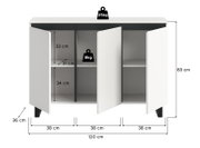 Weißes Sideboard mit drei Türen, teilweise geöffnet, zeigt Innenfächer. Maße: 120 cm Breite, 83 cm Höhe, 36 cm Tiefe. Frontale Perspektive.