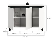 Weißes Sideboard mit drei Türen, teilweise geöffnet, zeigt Innenfächer. Maße: 120 cm Breite, 83 cm Höhe, 36 cm Tiefe. Frontale Perspektive.