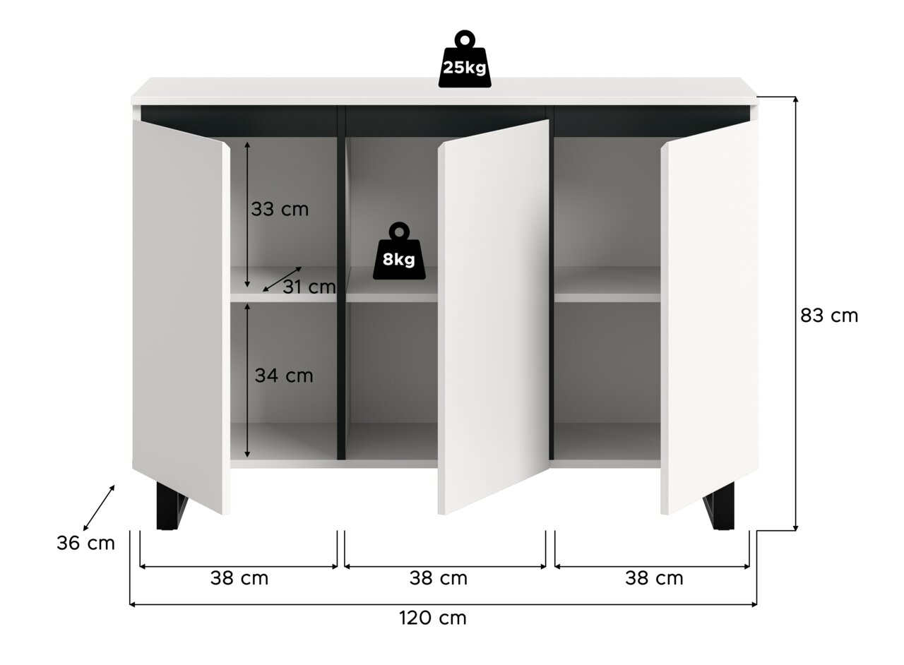 Weißes Sideboard mit drei Türen, teilweise geöffnet, zeigt Innenfächer. Maße: 120 cm Breite, 83 cm Höhe, 36 cm Tiefe. Frontale Perspektive.