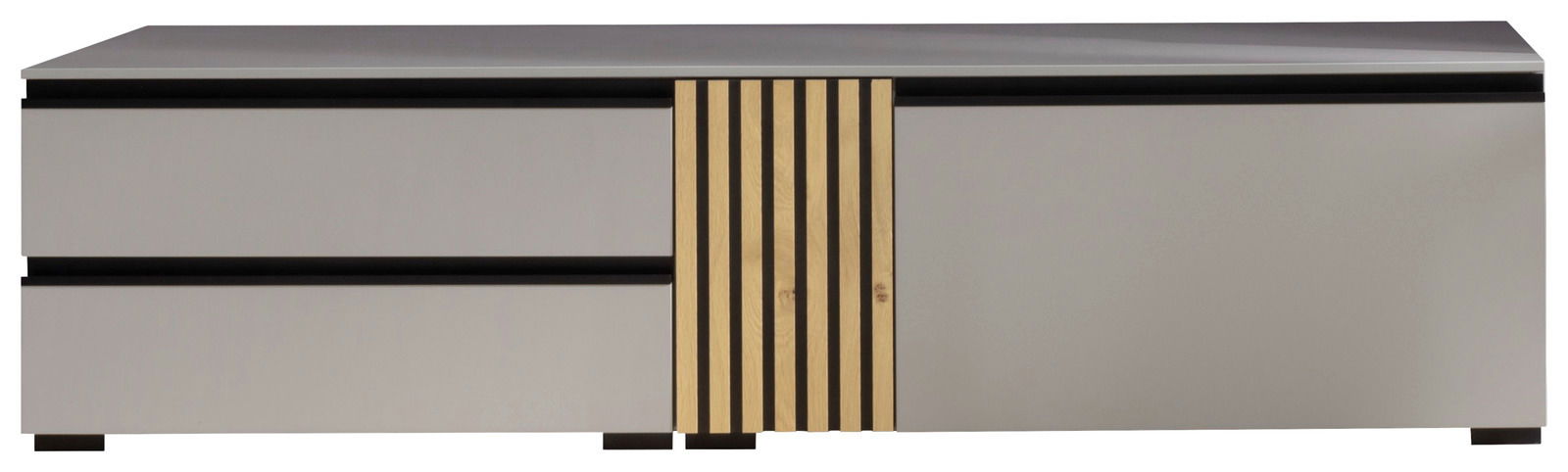 Moderano TV-Lowboard ARTA Frontansicht eines modernen TV-Lowboards mit zwei Schubladen und einer mittigen Holztür mit vertikalen Streifen.