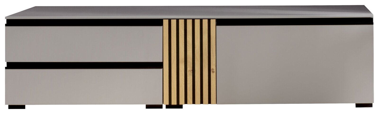 Moderano TV-Lowboard ARTA Frontansicht eines modernen TV-Lowboards mit zwei Schubladen und einer mittigen Holztür mit vertikalen Streifen.