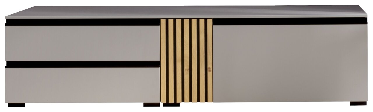 Moderano Tv-kast ARTA Vooraanzicht van een modern tv-lowboard met twee lades en een houten deur in het midden met verticale strepen.