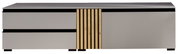 Frontansicht eines modernen TV-Lowboards mit zwei Schubladen und einer mittigen Holztür mit vertikalen Streifen.