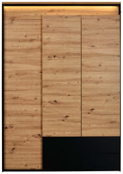 Frontansicht eines Drehtürenschranks mit Holzoptik und schwarzen Akzenten