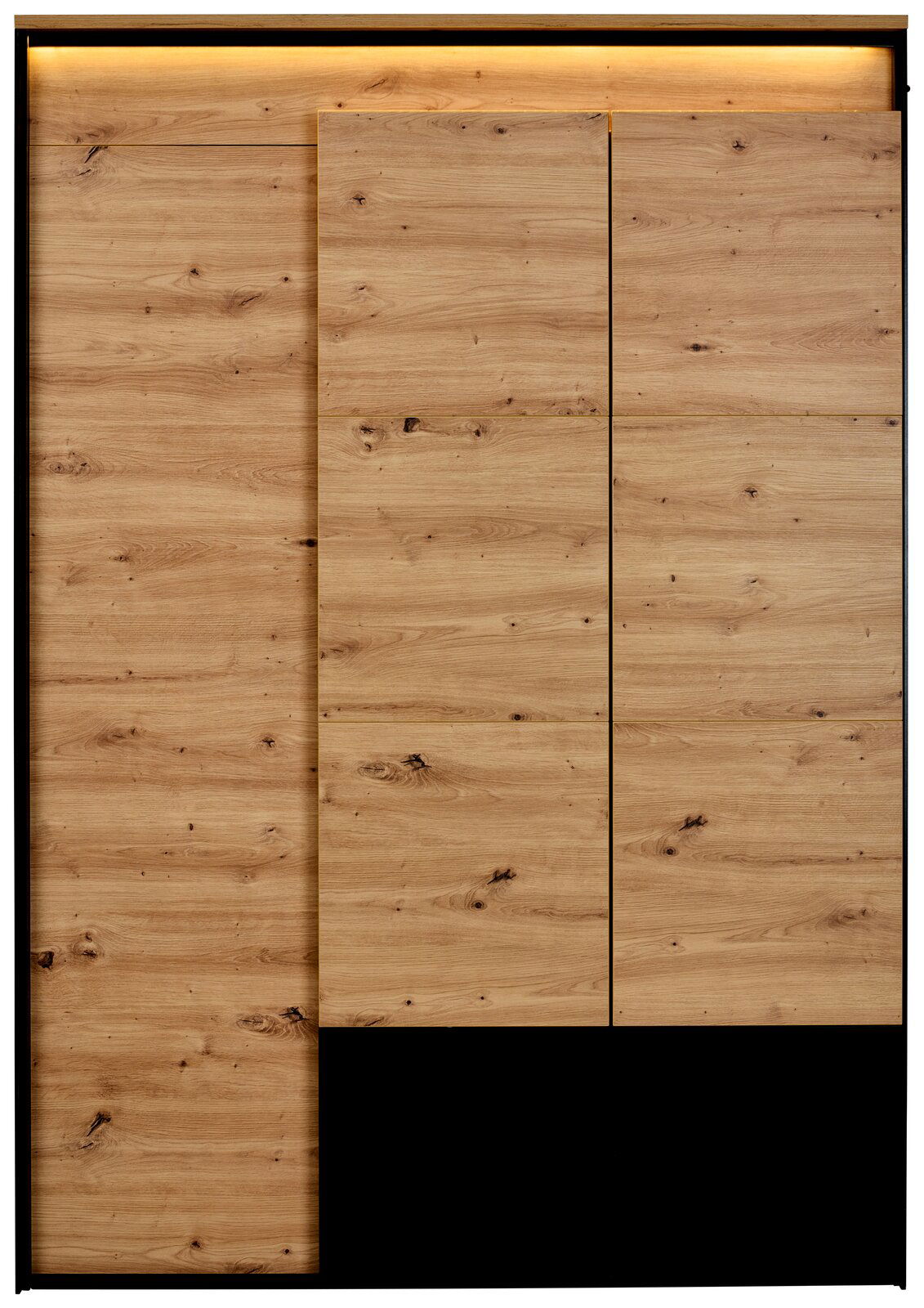 Frontansicht eines Drehtürenschranks mit Holzoptik und schwarzen Akzenten