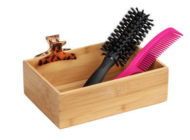 Wenko Bambus Ablage L TERRA Bambus Ablage Terra L mit Haarbürste, Kamm und Haarklammer, seitliche Perspektive