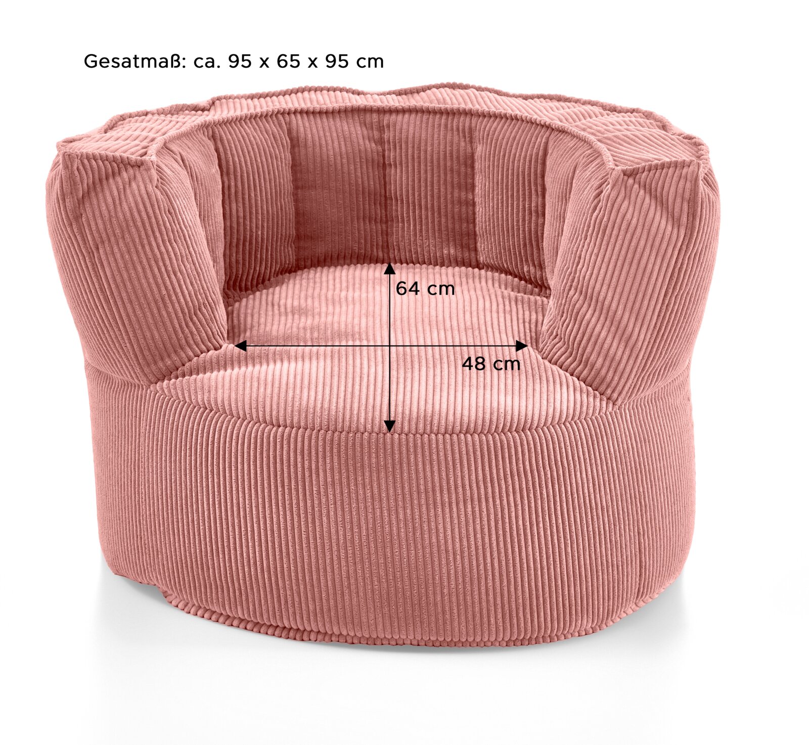 Großer, rosafarbener Sitzsack mit Rückenlehne aus geripptem Stoff, Gesamtmaße ca. 95 x 65 x 95 cm, Vorderansicht