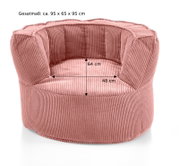 Großer, rosafarbener Sitzsack mit Rückenlehne aus geripptem Stoff, Gesamtmaße ca. 95 x 65 x 95 cm, Vorderansicht