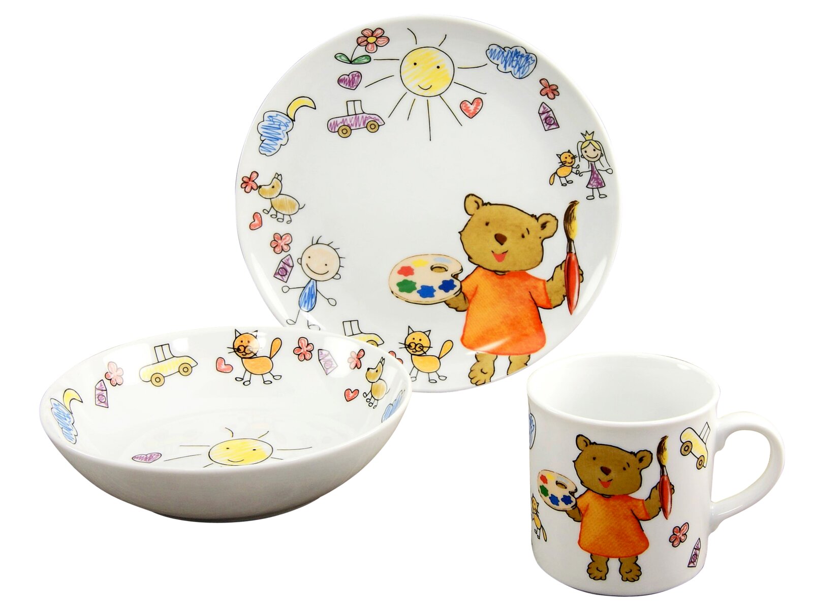 Creatable Kinderservice 3-tlg TEDDY Kinder-Geschirrset aus weißem Porzellan mit Teller, Schüssel und Becher, verziert mit bunten Kinderzeichnungen und einem Bären mit Pinsel; Frontansicht vor weißem Hintergrund