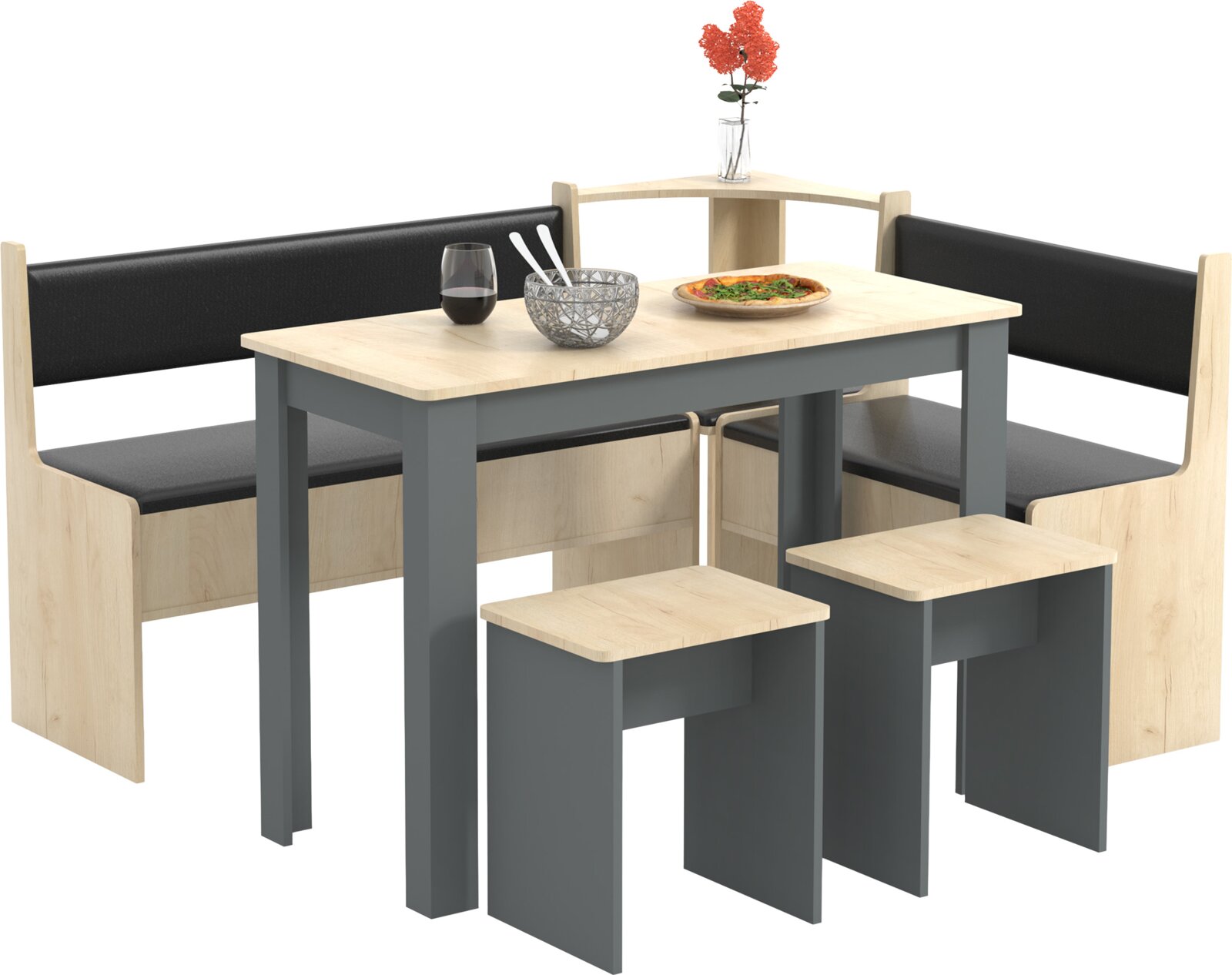 Moderne Essgruppe mit Eckbank in hellem Holz und schwarzen Polstern, rechteckigem Tisch mit grauem Gestell und zwei Hockern, freigestellt auf Weiß, Perspektive: leicht schräg von vorn