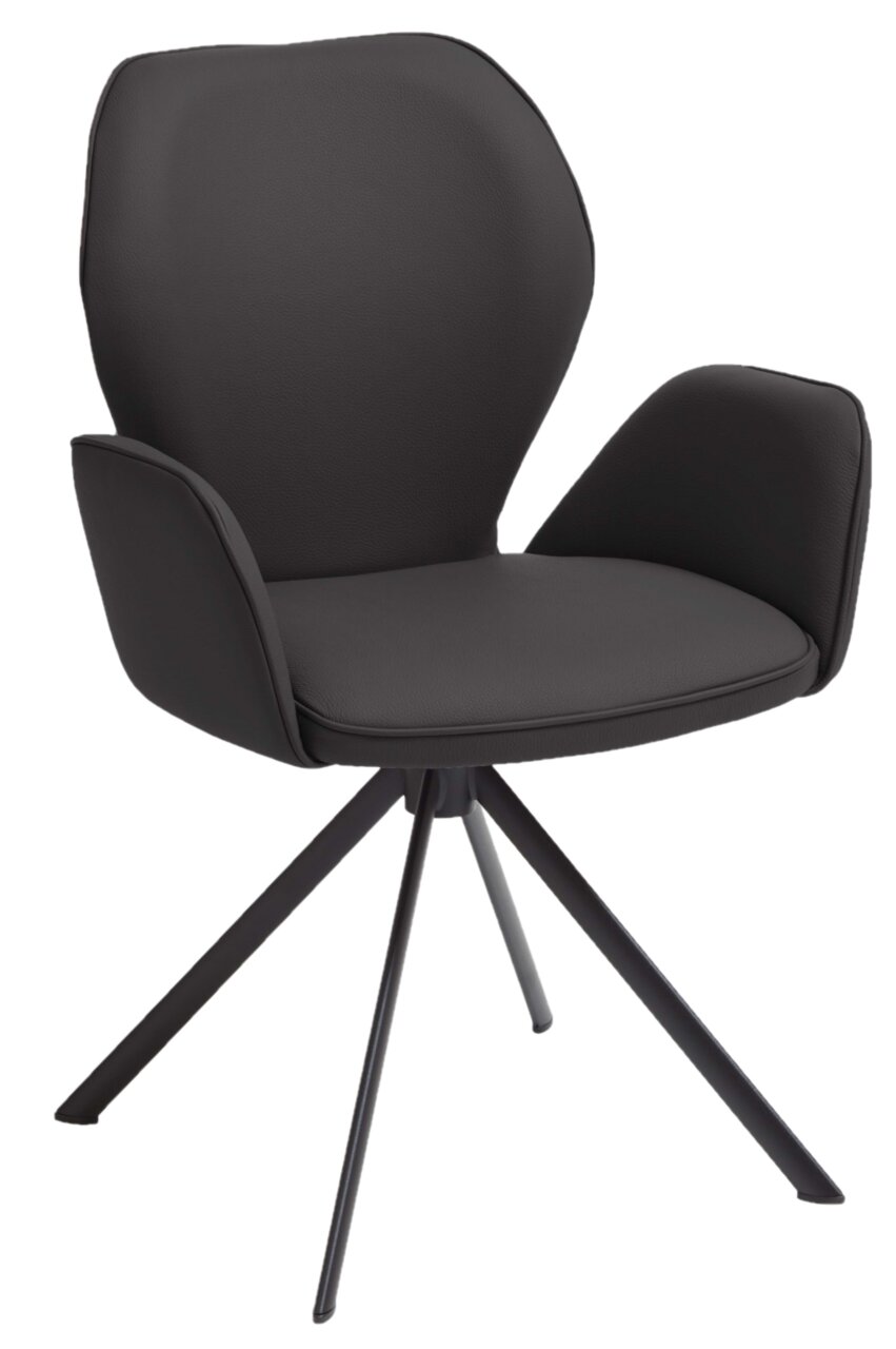 Moderne zwarte fauteuil met gestoffeerde zitting en rugleuning, armleuningen aan de zijkanten en een metalen onderstel met vier poten, zijaanzicht