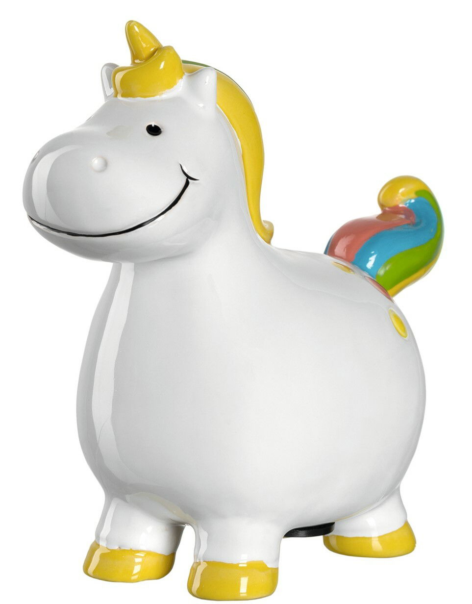 Leonardo Spardose Einhorn BAMBINI Frontalansicht einer lächelnden Einhorn-Spardose mit gelber Mähne und Regenbogenschwanz, 14 cm groß.
