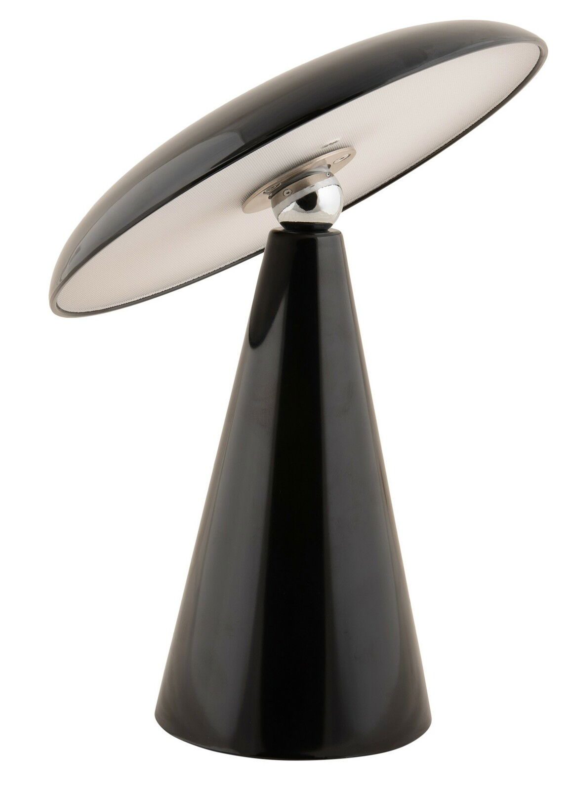 Schwarze LED Akku Tischleuchte in konischem Design, seitliche Perspektive