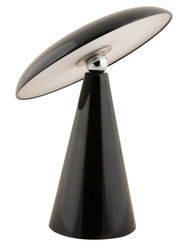 Schwarze LED Akku Tischleuchte in konischem Design, seitliche Perspektive