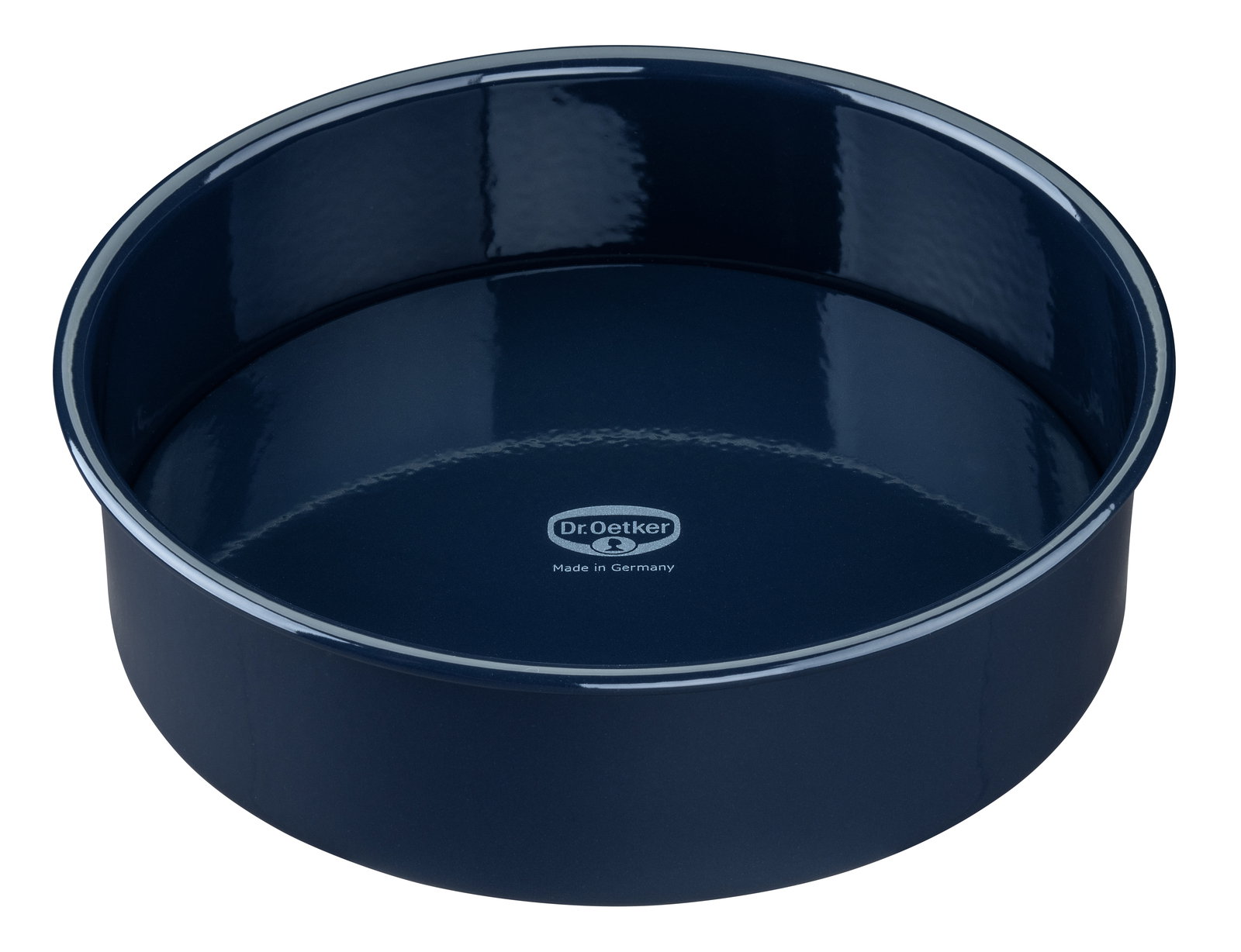 Runde, dunkelblaue Backform von Dr. Oetker, 26 cm Durchmesser, aus der Vogelperspektive fotografiert.