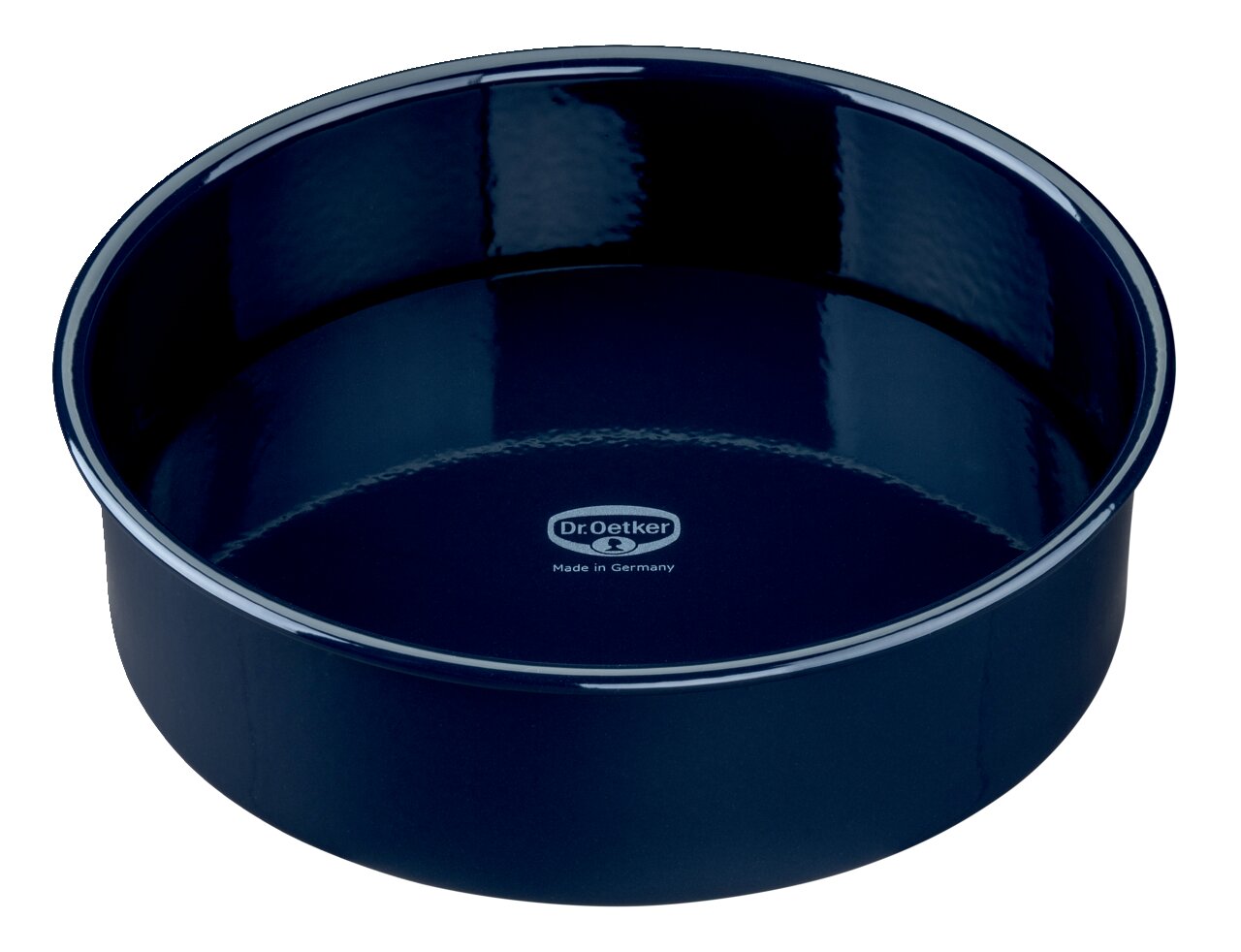 Runde, dunkelblaue Backform von Dr. Oetker, 26 cm Durchmesser, aus der Vogelperspektive fotografiert.