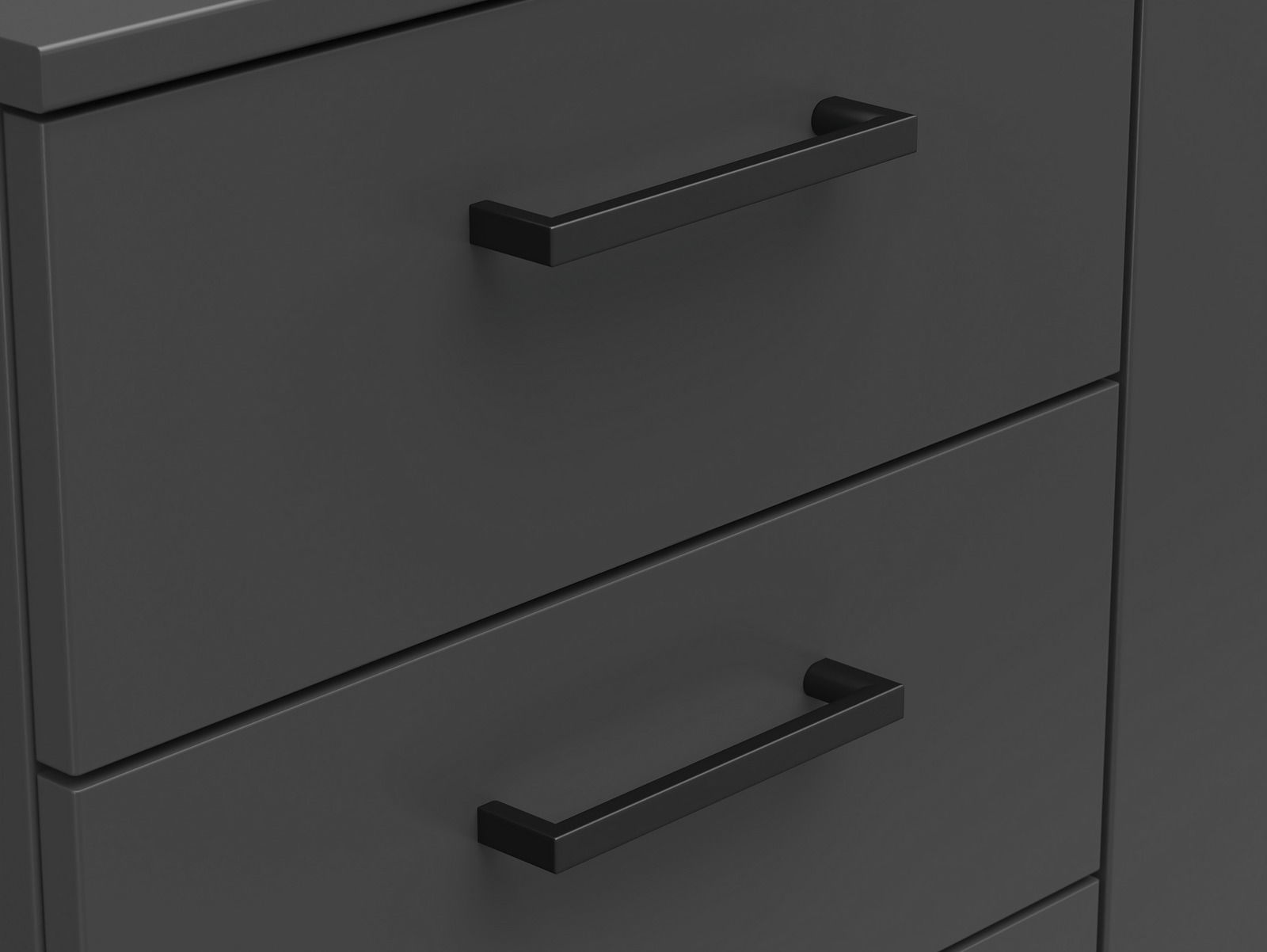 Carryhome Kommode MULTISTAURAUM Nahaufnahme einer schwarzen Kommode mit zwei Schubladen und modernen Griffen, seitliche Perspektive