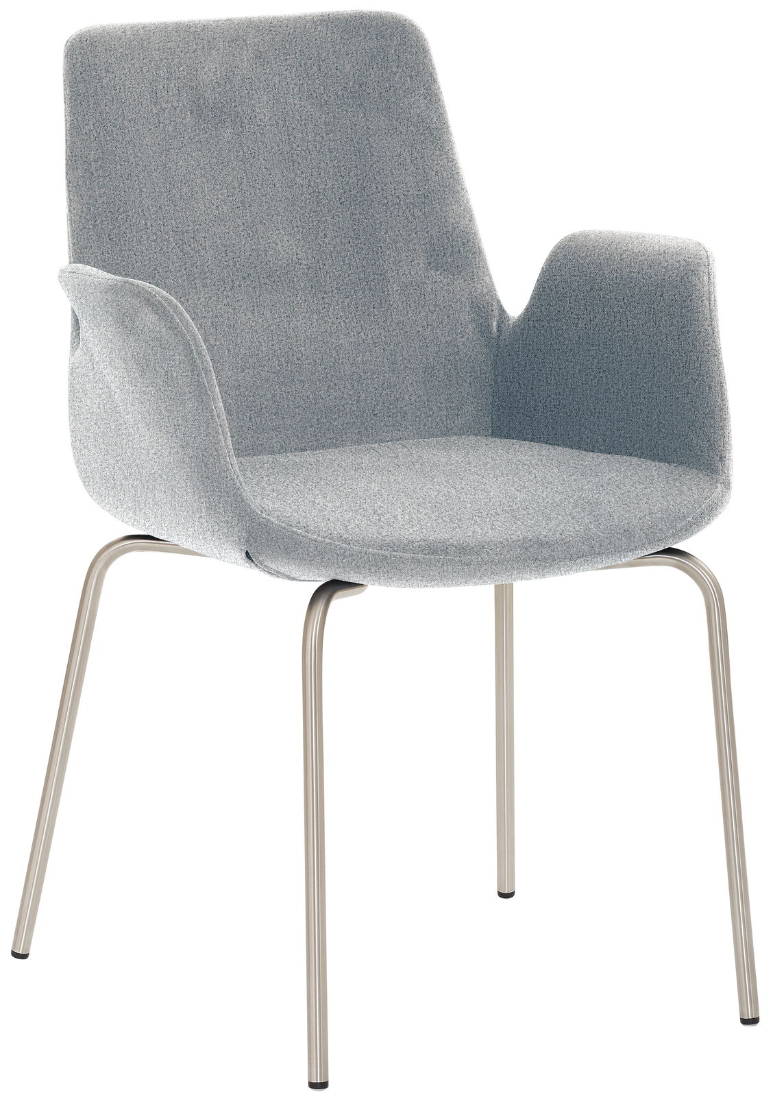 Grauer Besuchersessel mit Armlehnen und Metallbeinen, seitliche Perspektive