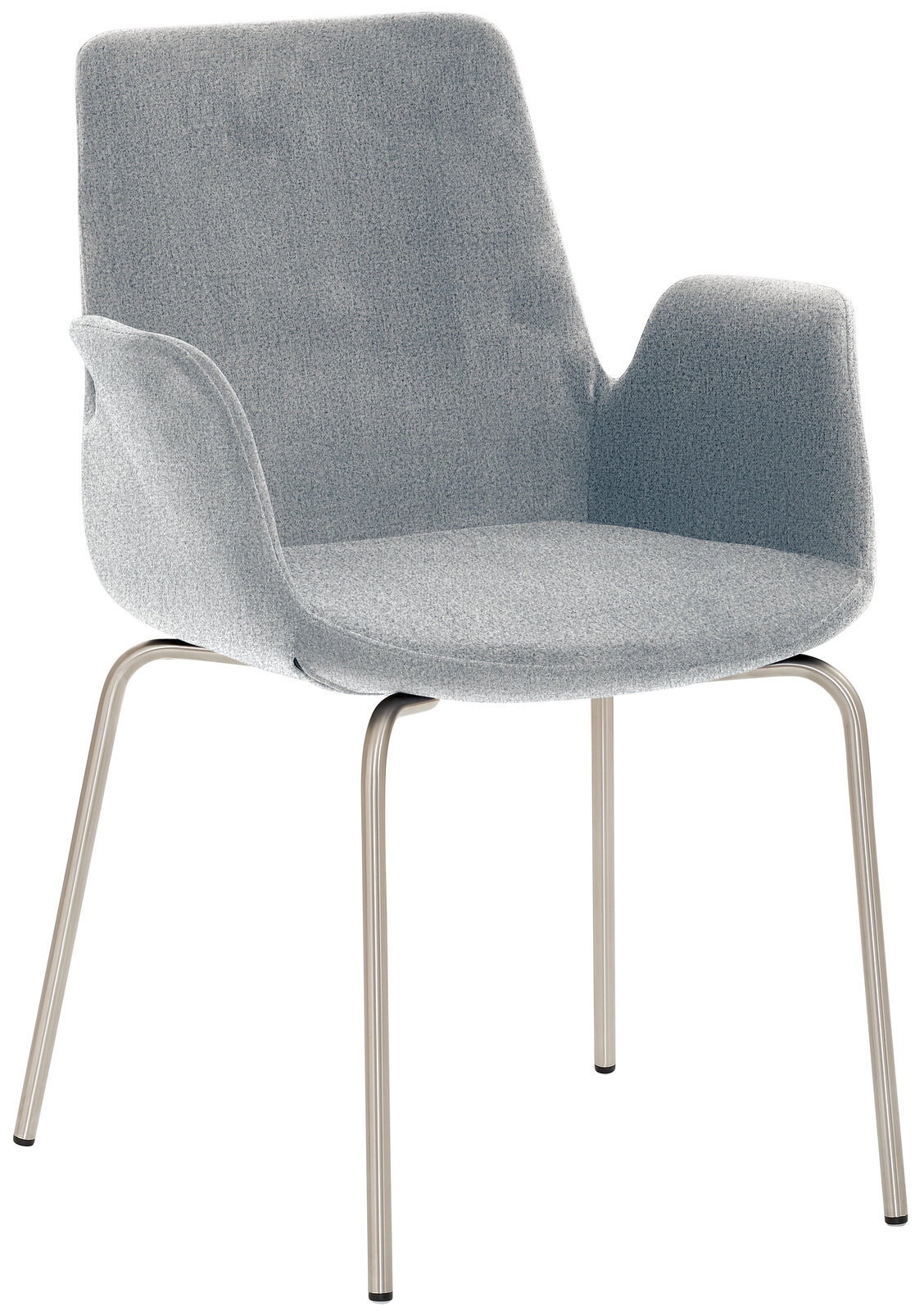 Grauer Besuchersessel mit Armlehnen und Metallbeinen, seitliche Perspektive