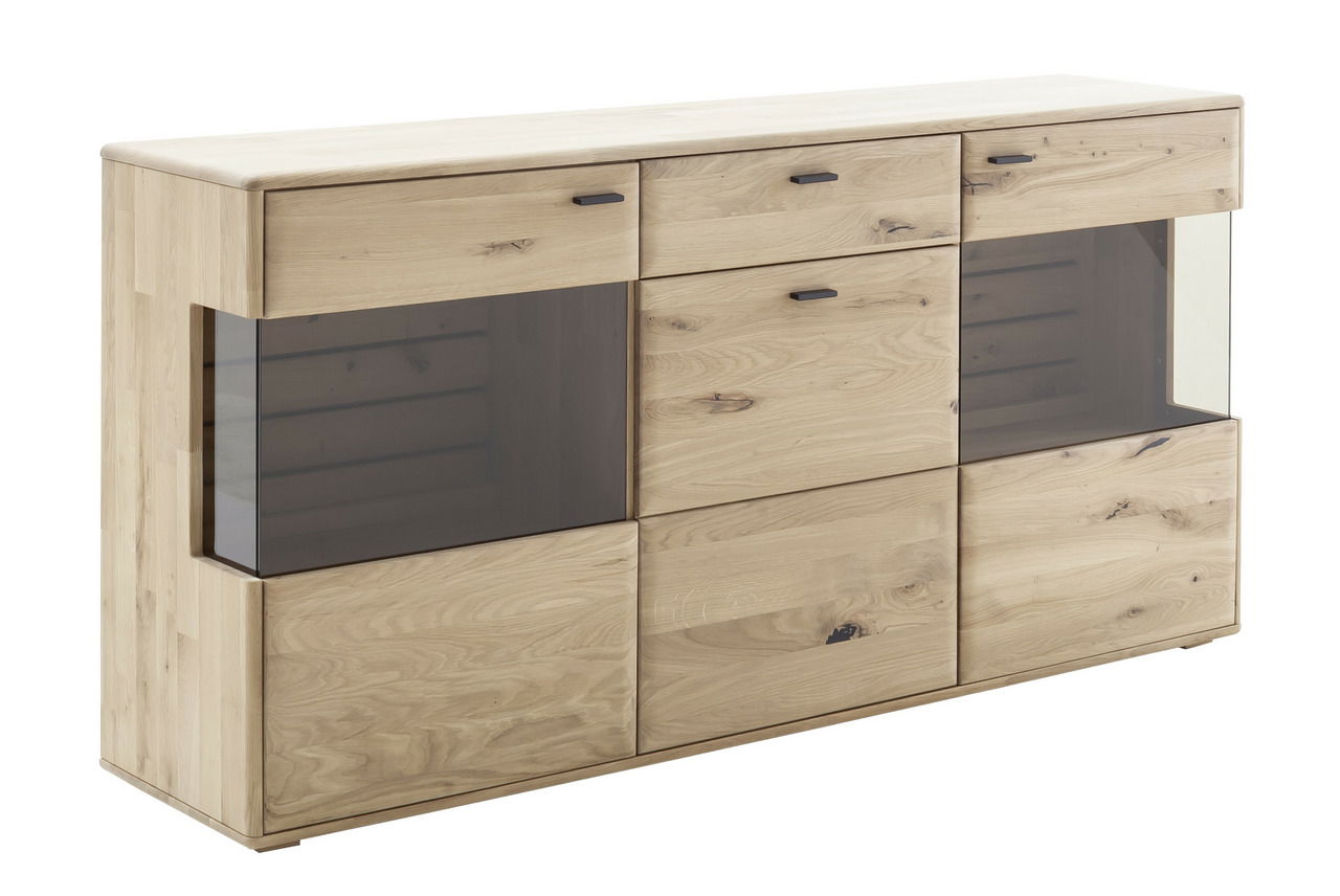 Linea Natura Sideboard GEORGIA Holz-Sideboard mit Glasfronten, Perspektive von vorne links