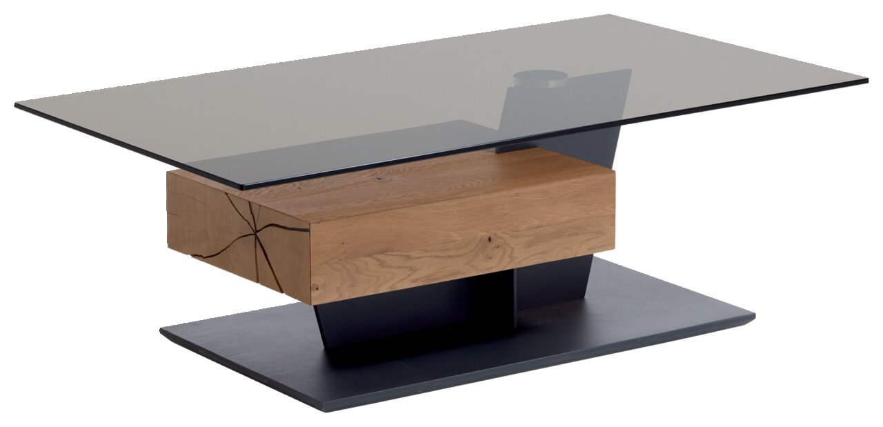 Moderner Couchtisch mit Glasplatte und Holzdetails, seitliche Perspektive