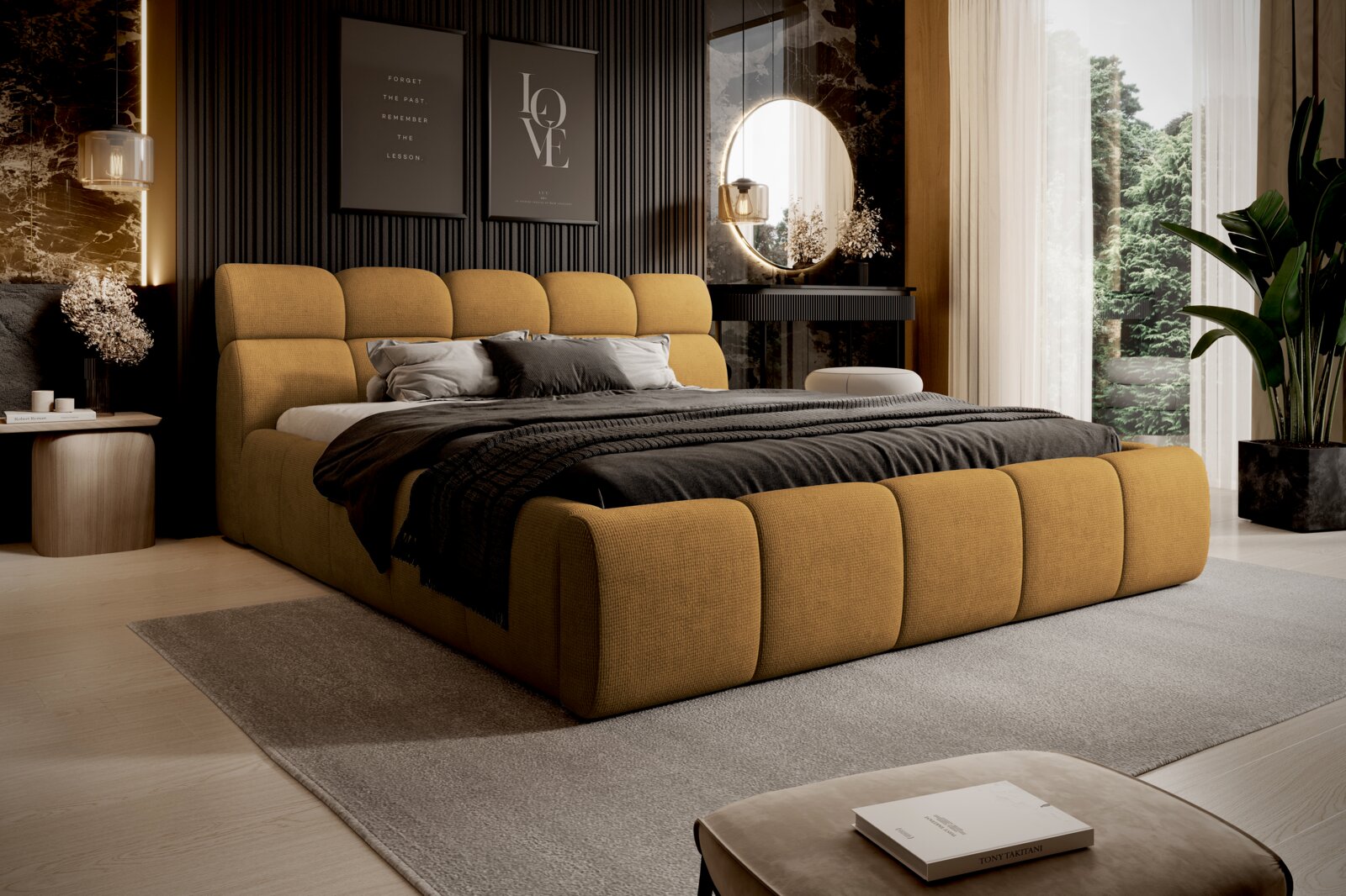 Modernes Polsterbettgestell in einem stilvollen Schlafzimmer, seitliche Perspektive