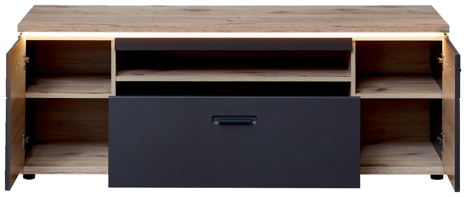 Modernes TV-Lowboard in Holzoptik mit schwarzer Schublade, offenen Fächern und seitlichen Türen, frontale Perspektive mit geöffneten Türen und ausgezogener Schublade