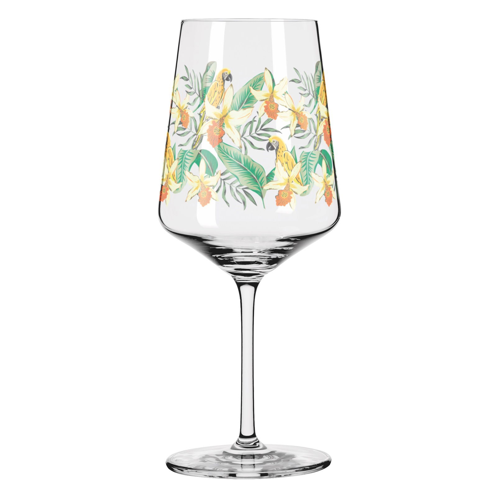 Weinglas mit tropischem Blumen- und Papageienmuster, seitliche Perspektive