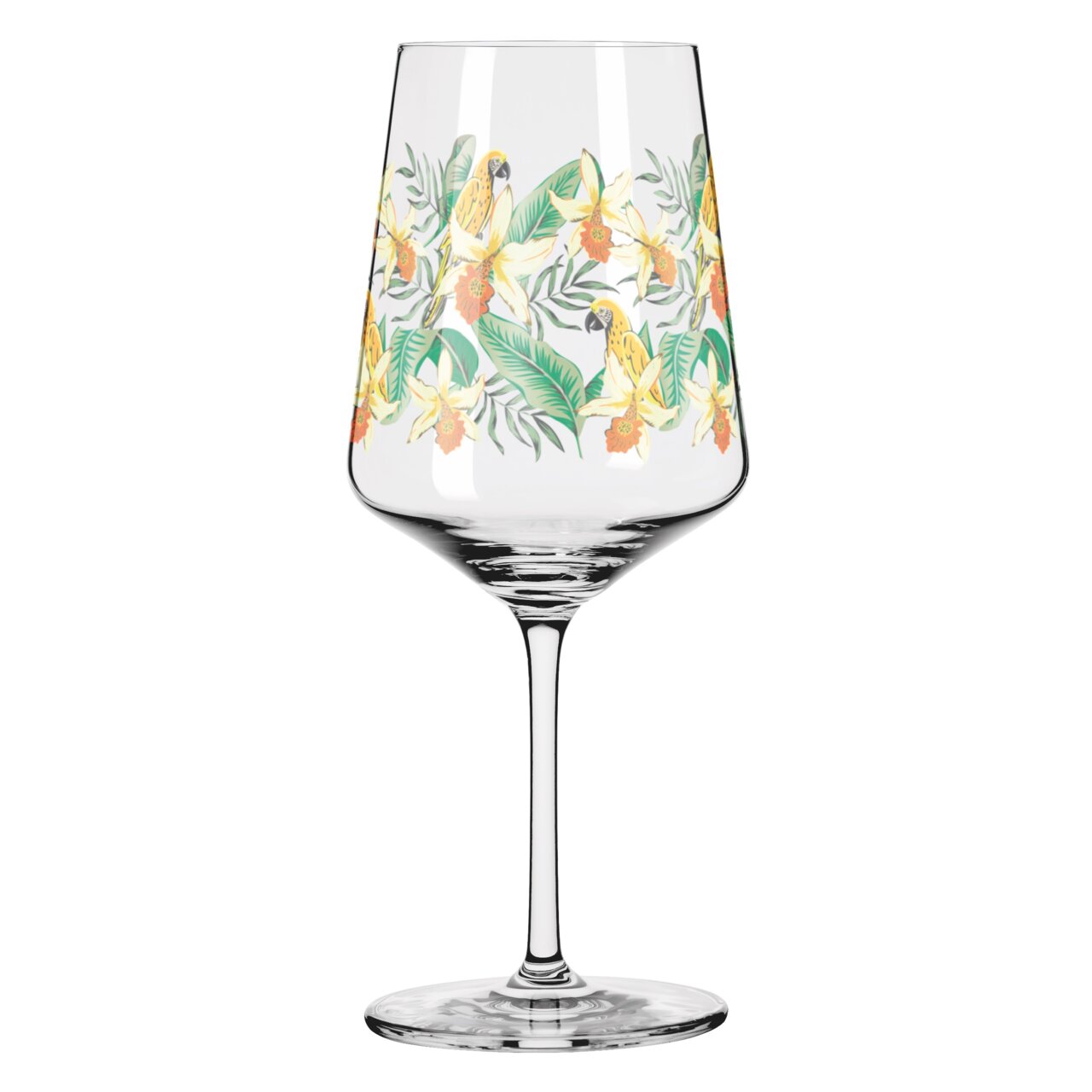 Weinglas mit tropischem Blumen- und Papageienmuster, seitliche Perspektive