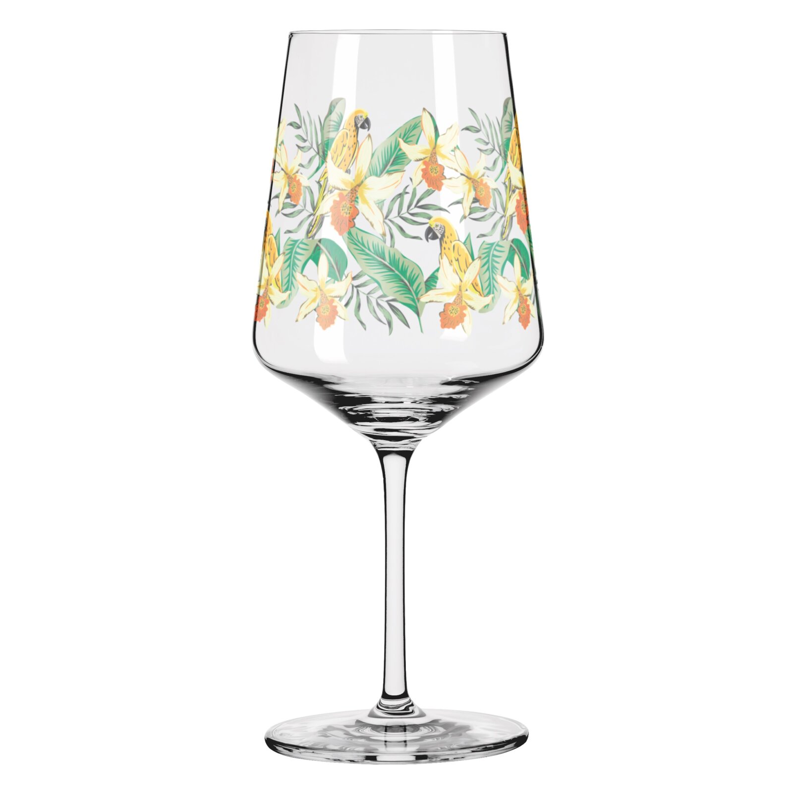 Wijnglas met een motief van tropische bloemen en papegaaien, zijaanzicht
